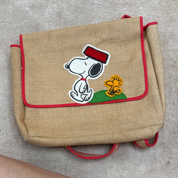 Other - Vintage Snoopy Burlap Backpack with Red Trim